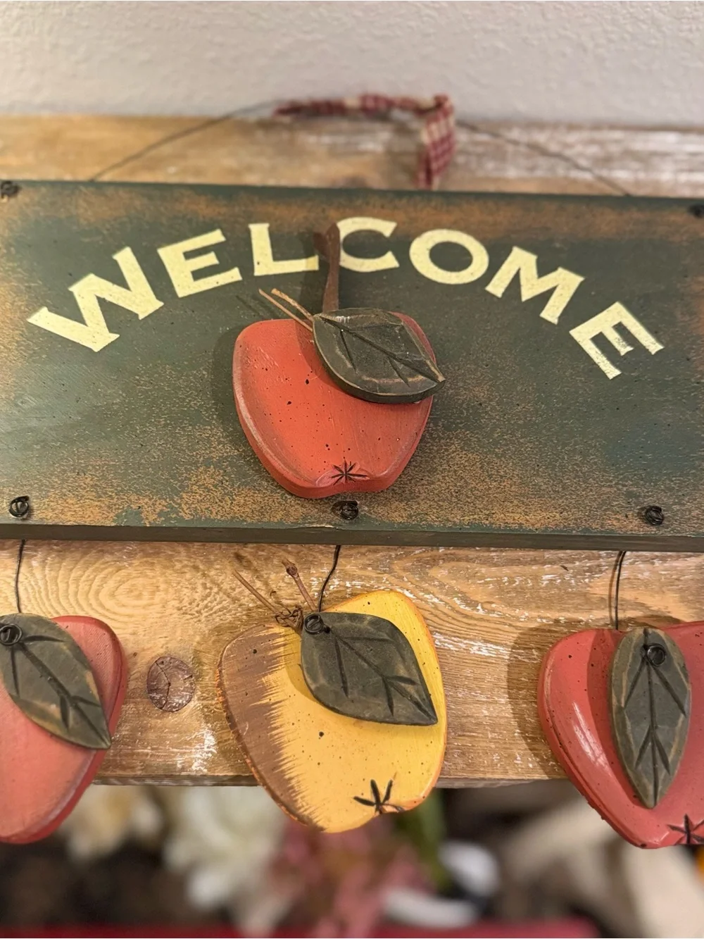 Vtg 90s Style Wooden Apple Welcome Sign Decor Country Ribbon Cottagecore